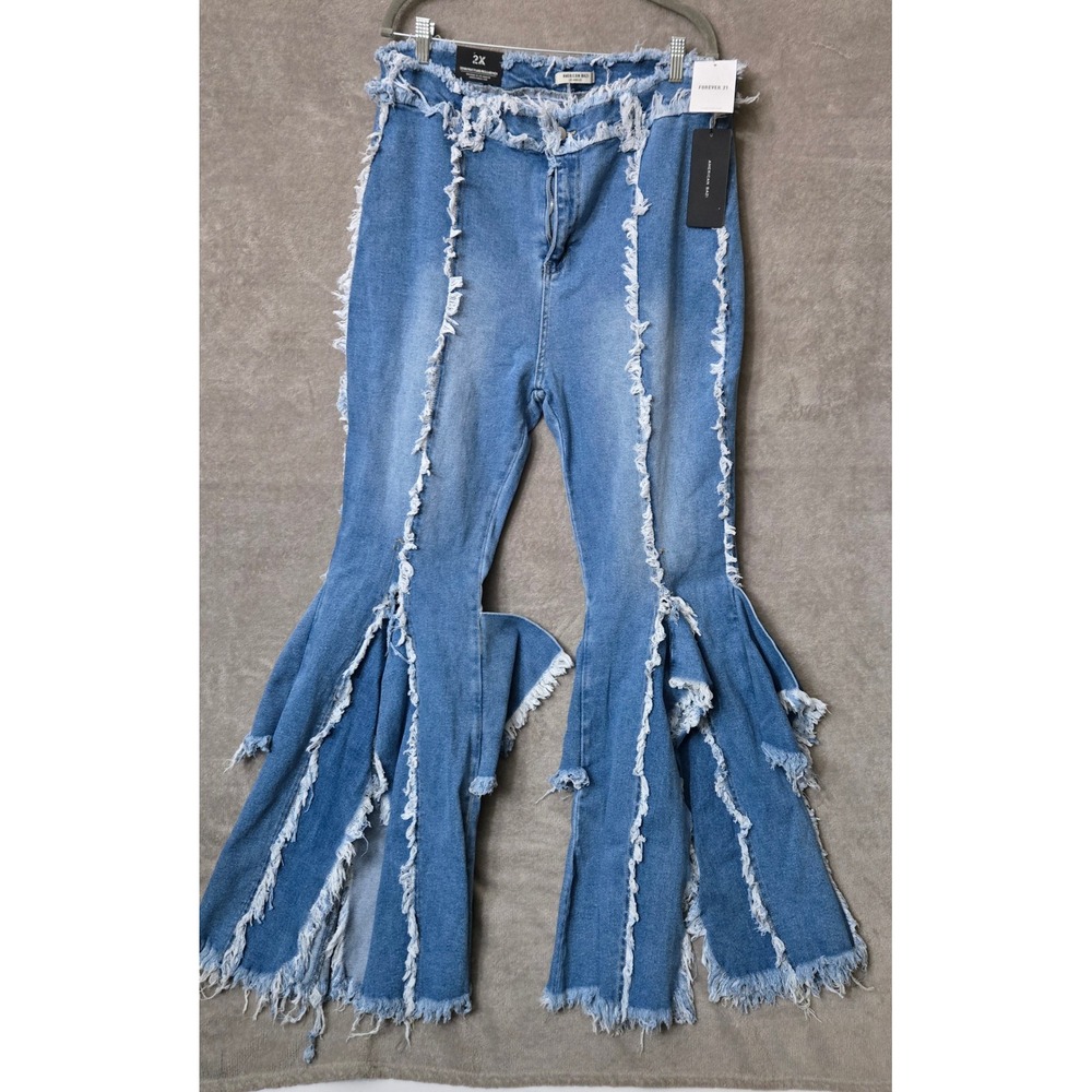 American Bazi Flare Jeans Women 2X XXL Blue Distressed Frayed Raw Hem High Rise